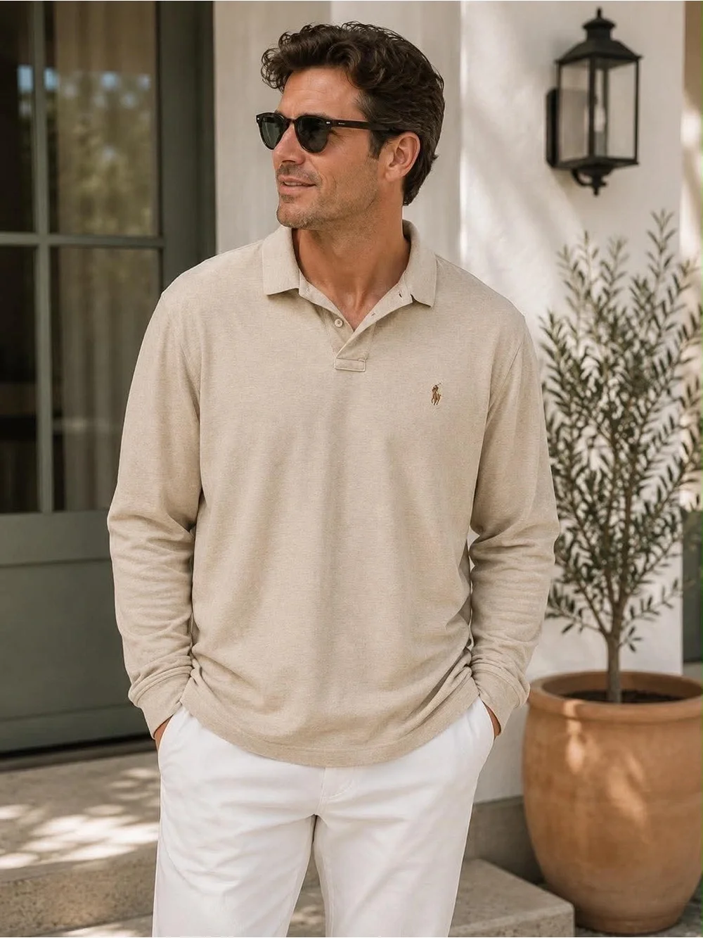 Polo Long-Sleeve Collared Shirt – Beige |XL|